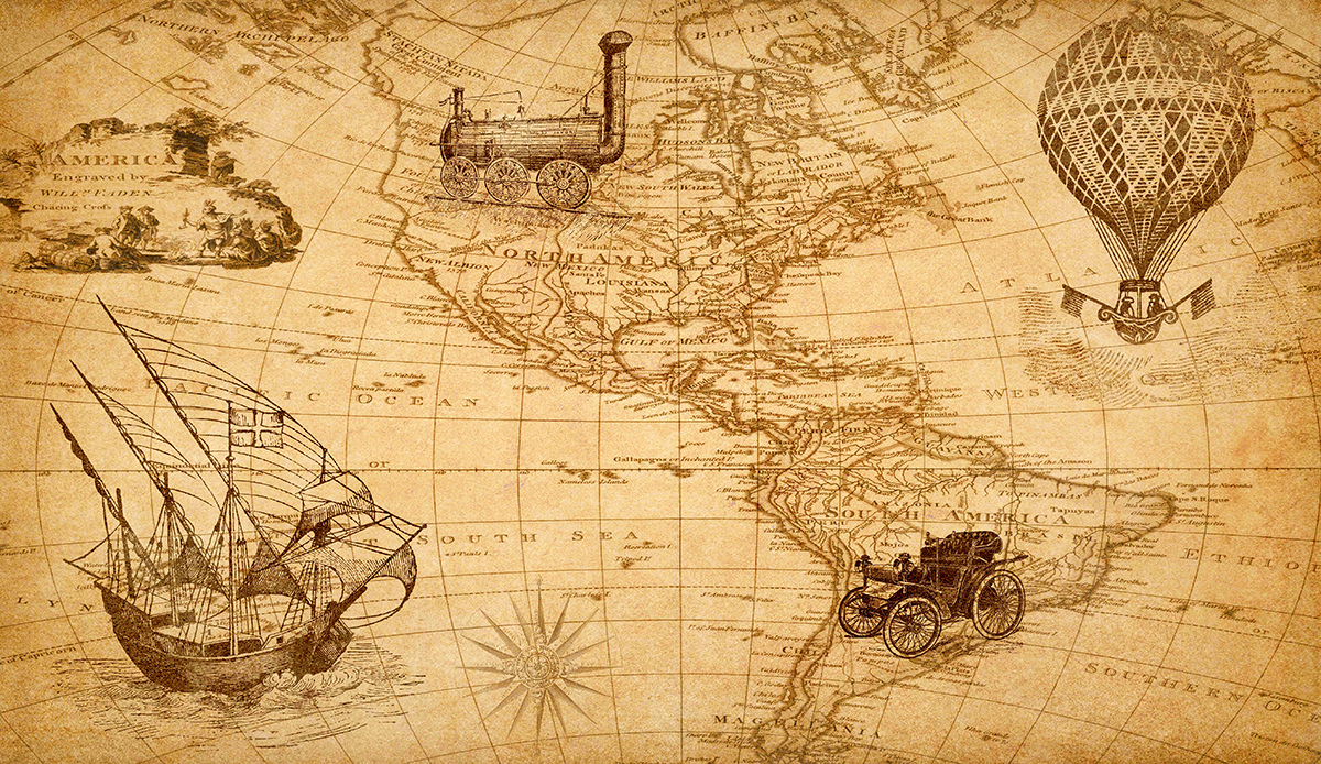 Map of the world with illustrations of a wagon, ship, and hot air balloon