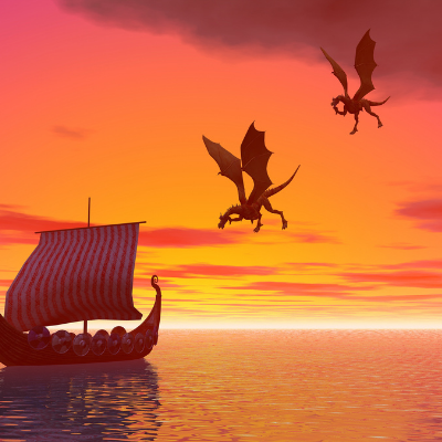 Picture of dragons flying near a ship.