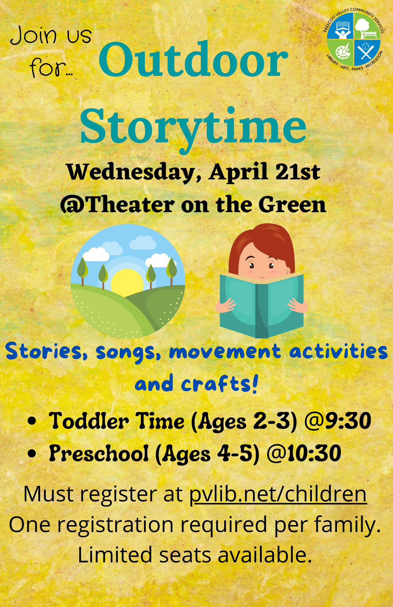 Toddler Time: meets at 9:30 on April 21 at the Theater on the Green