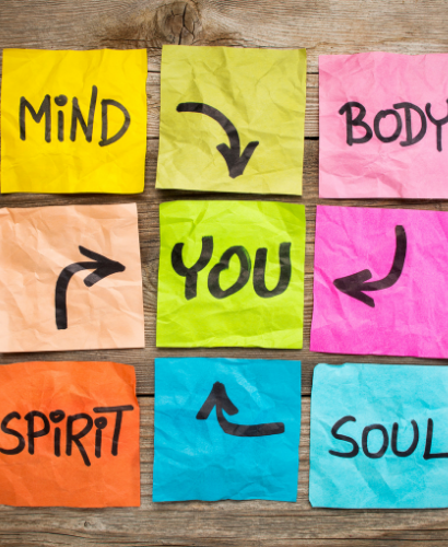 Words on sticky notes: Mind, Body, You, Spirit, Soul