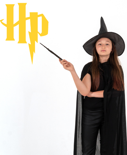 A Witch pointing with a wand at HP Letters.