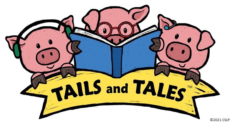 This is a drawing of three pigs reading over a banner that says TAILS and TALES.