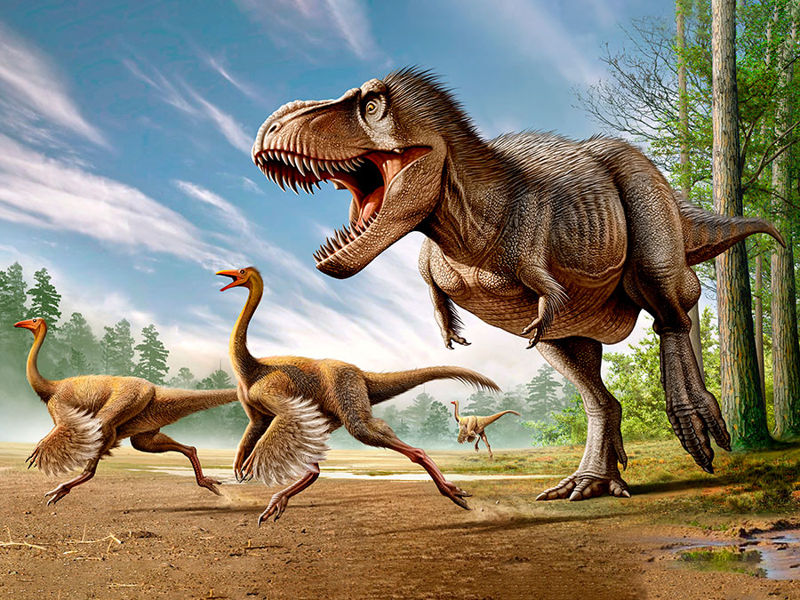 A dinosaur chases two other dinosaurs in this painting.