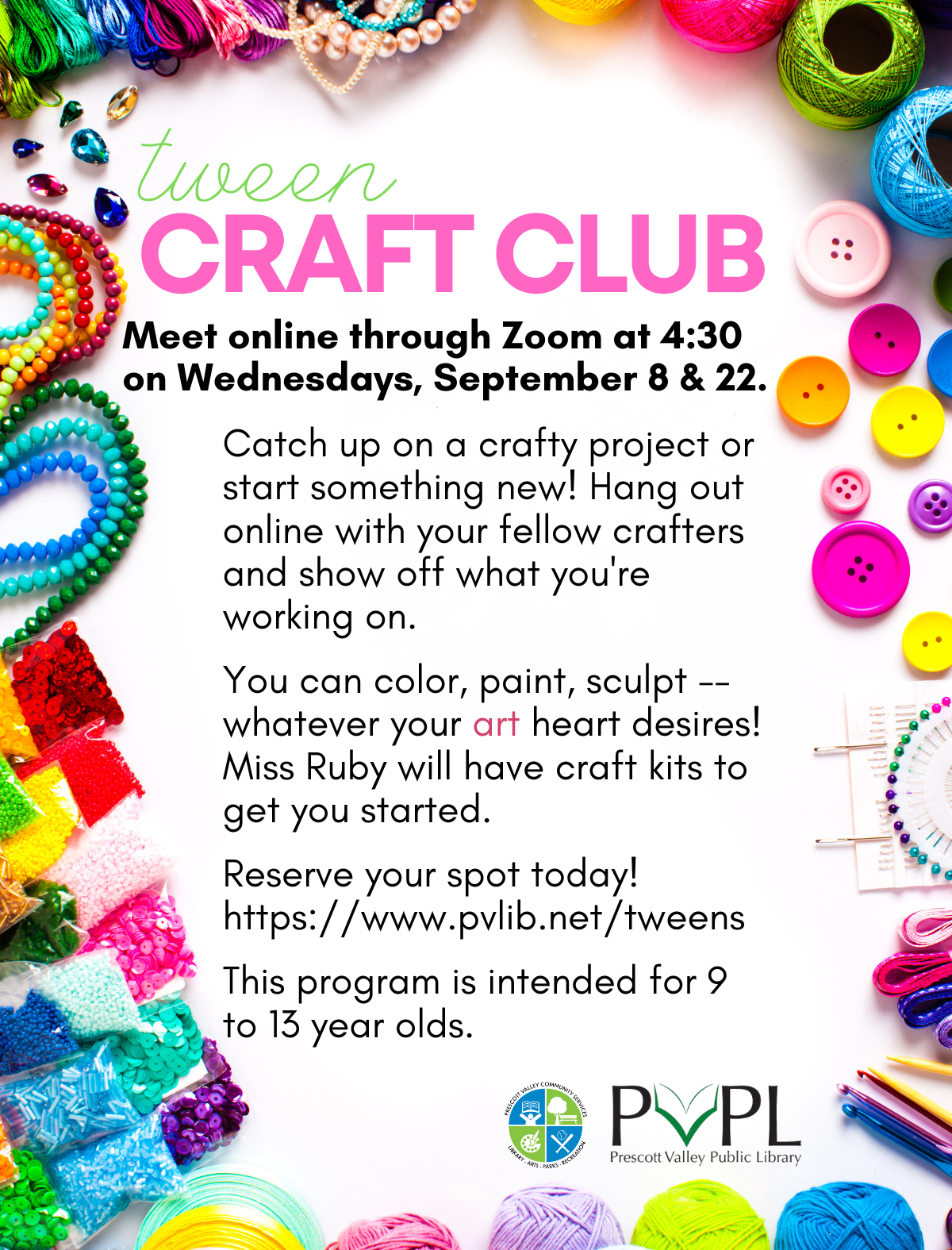 Tween Craft Club meets online on Sept 8 and 22 @ 4:30pm -- Miss Ruby has craft kits for you to pick up to get you started!