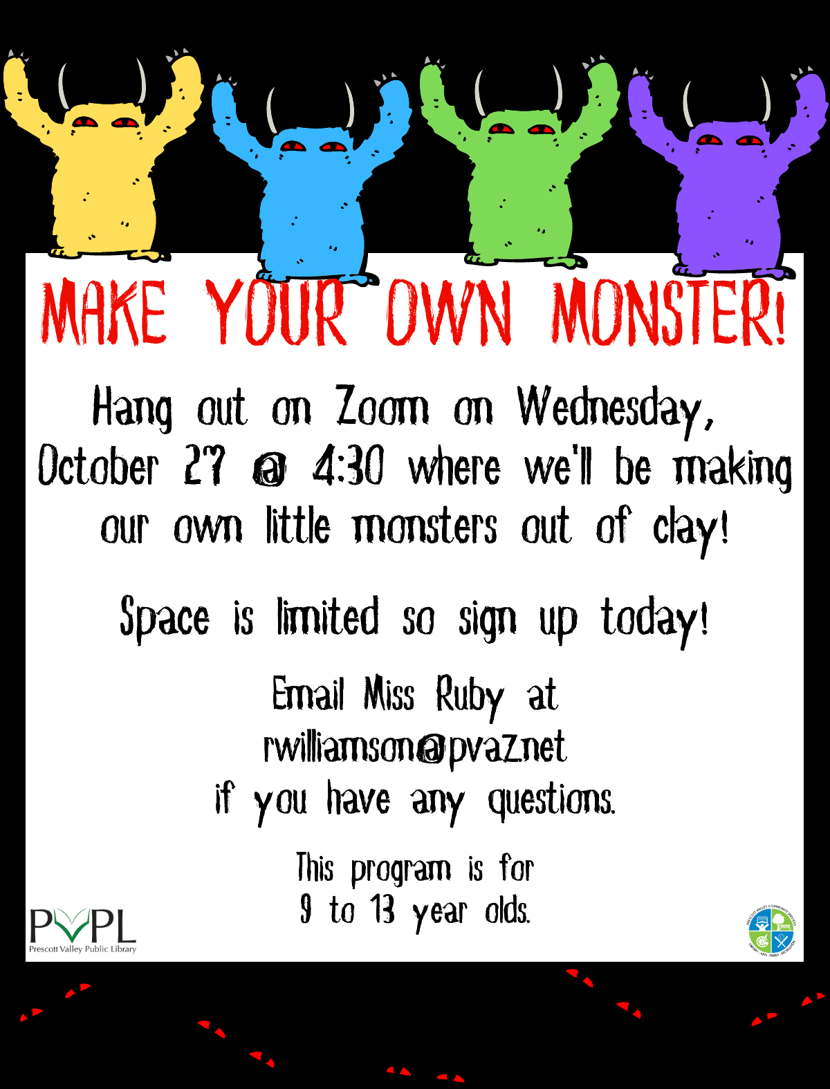 Make Your Own Monster! Join us on Zoom on Oct 27 @ 4:30pm to make a monster out of clay!