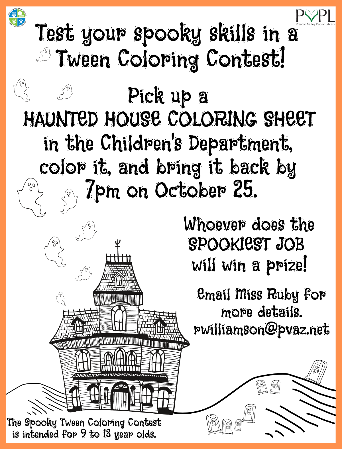 The Spooky Coloring Contest runs until 7pm on Oct 25. Pick up a coloring sheet in the Children's Department today!