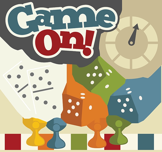 Game On logo with cartoon depictions of dominos, dice and game pieces.