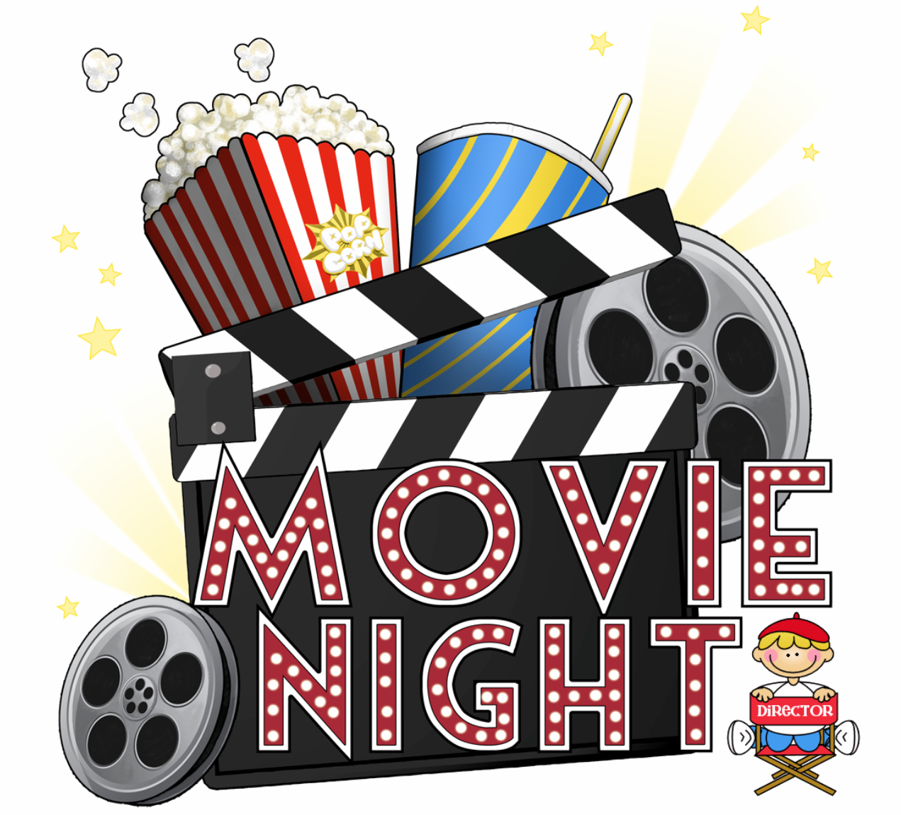 Movie Night logo with popcorn, soda and film reel graphics.