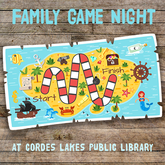 The text "Family Game Night at Cordes Lakes Public Library" and a board game board.