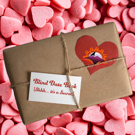 Book wrapped in brown paper with a tag reading "Blind Book Date" lying on top of pink hearts
