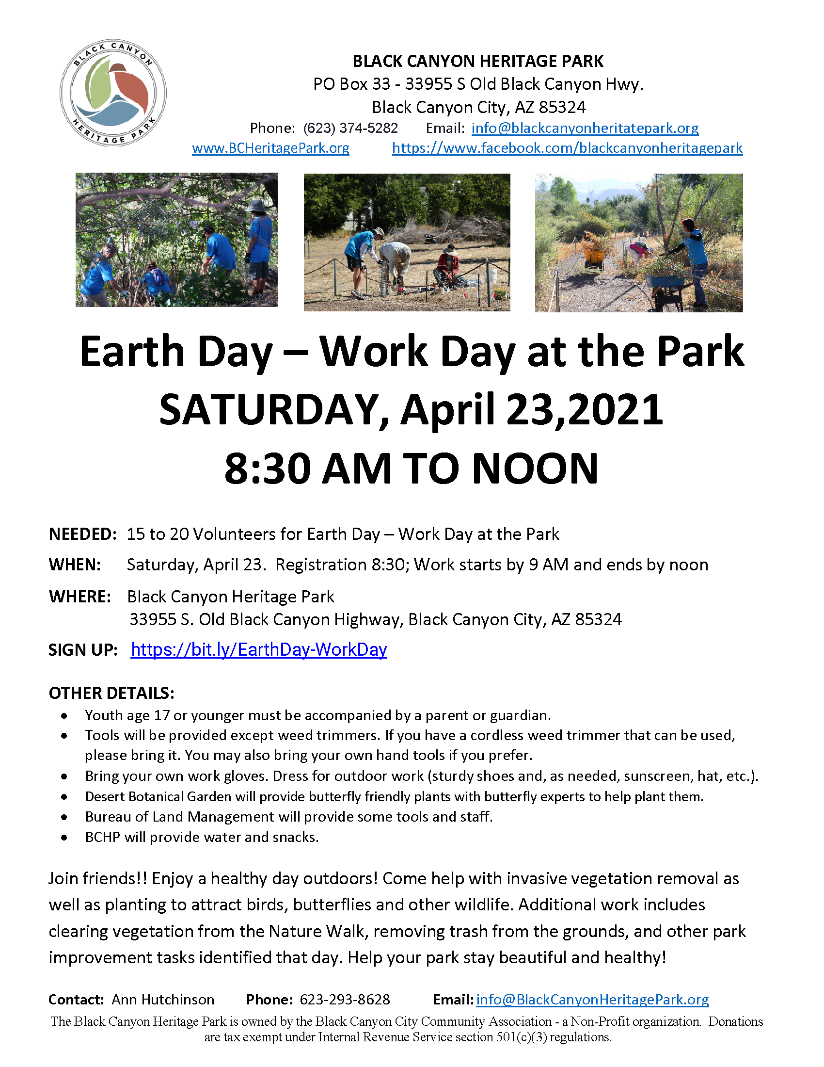 Flyer for 4/23/22 Earth Day - Work Day at the Park - https://bit.ly/EarthDay-WorkDay