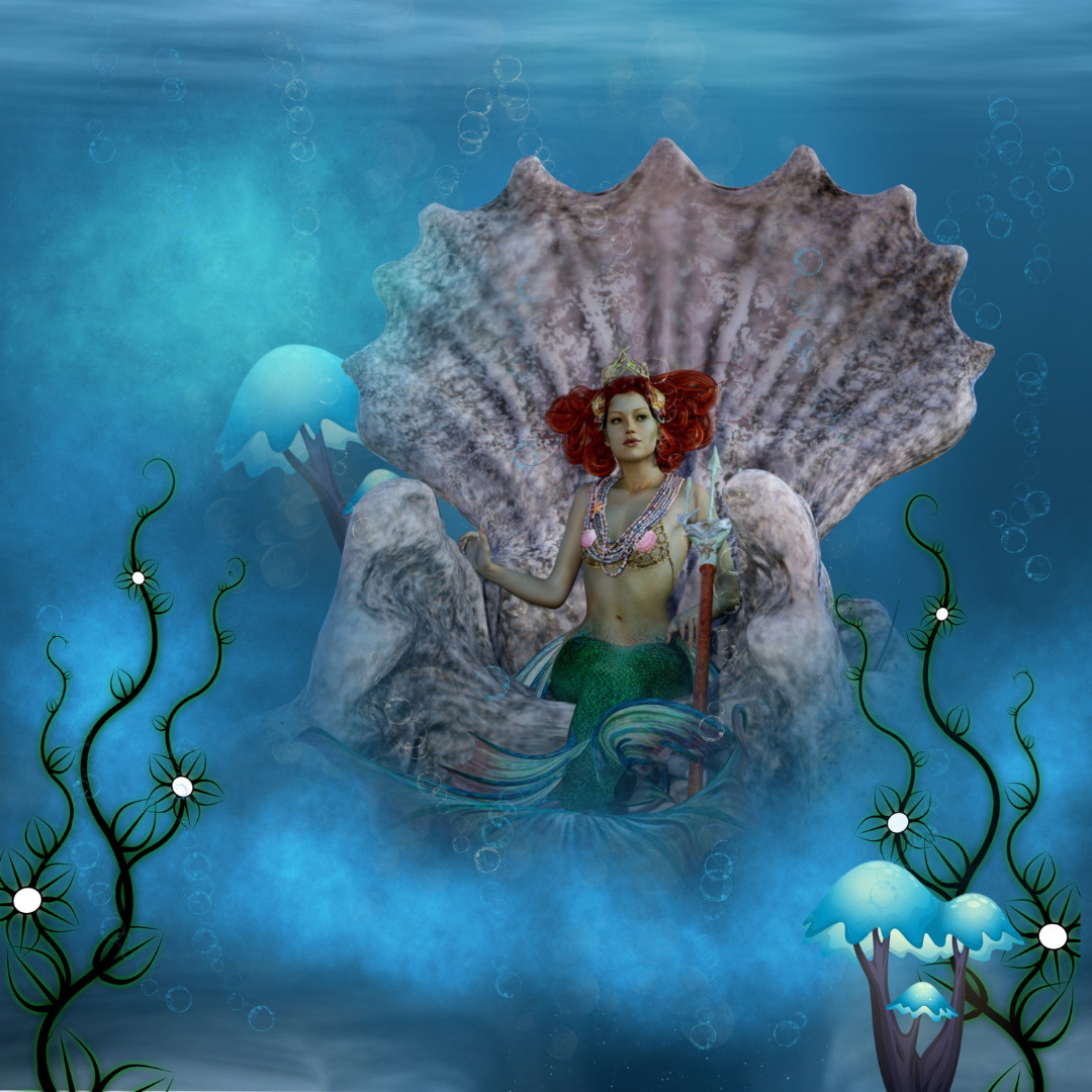 Art of mermaid sitting in a large seashell
