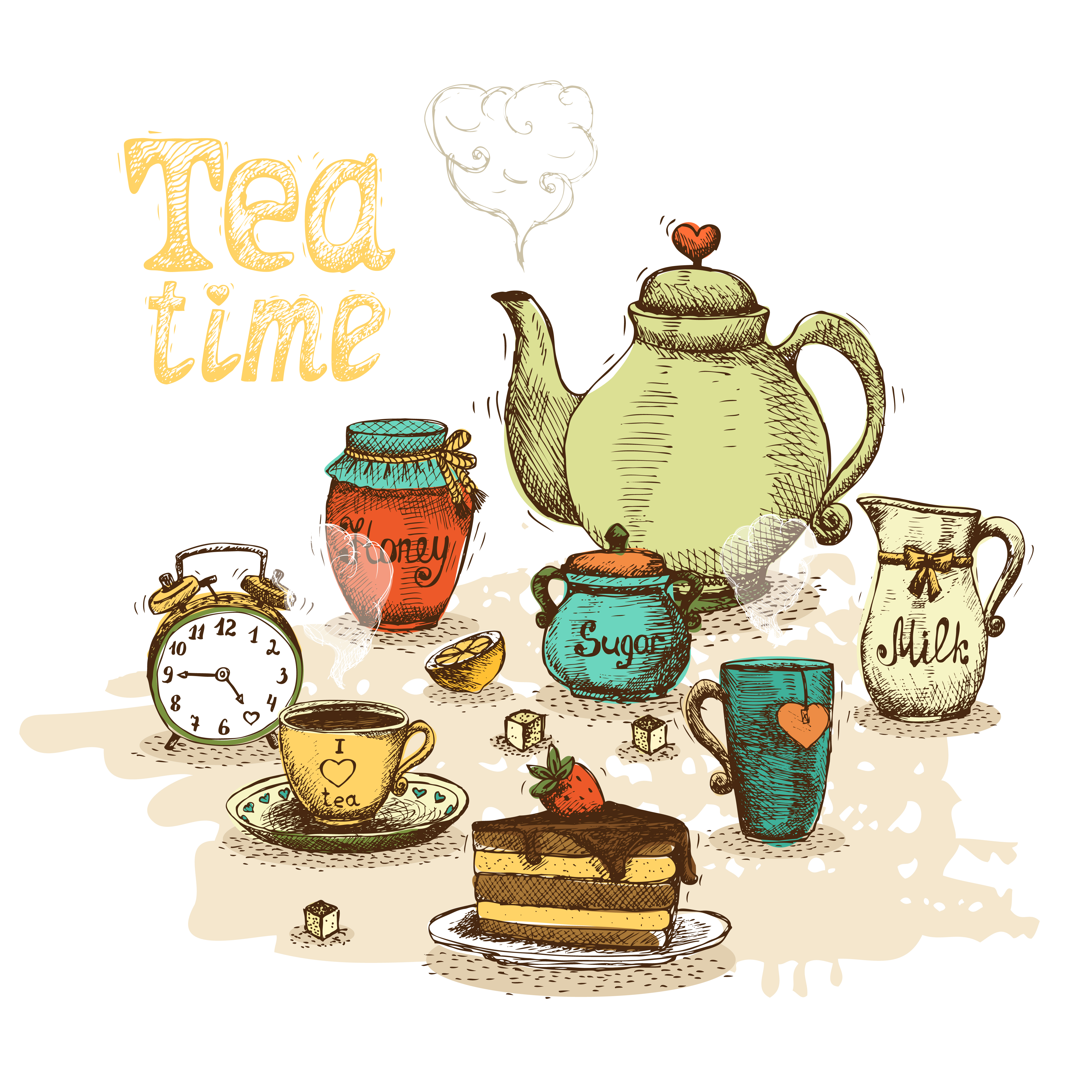 Animated image of a teapot surrounded by tea cups and cake with words which read tea time