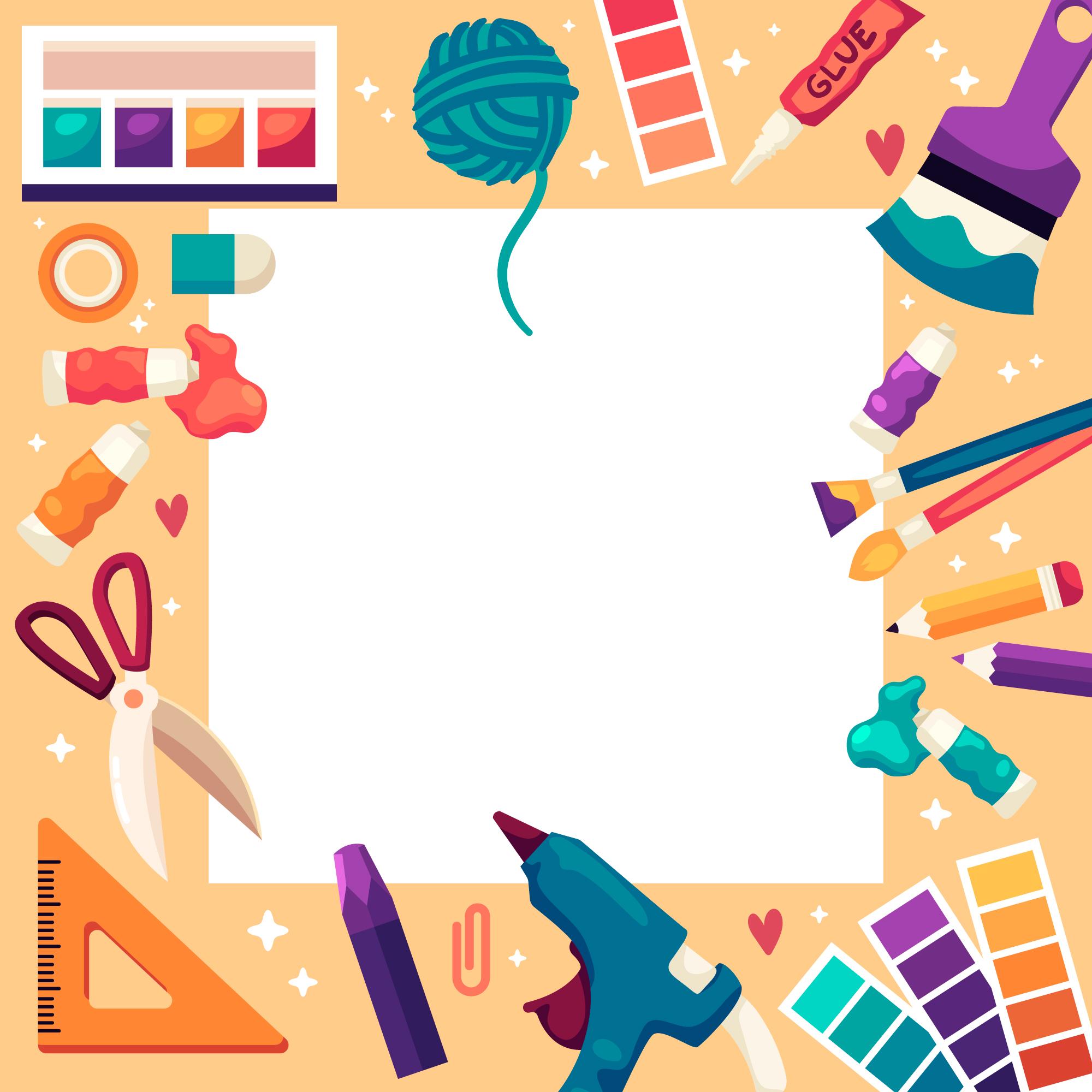 a white square paper surrounded by cartoon style drawings of  paints, glue guns, yarn, and other craft supplies