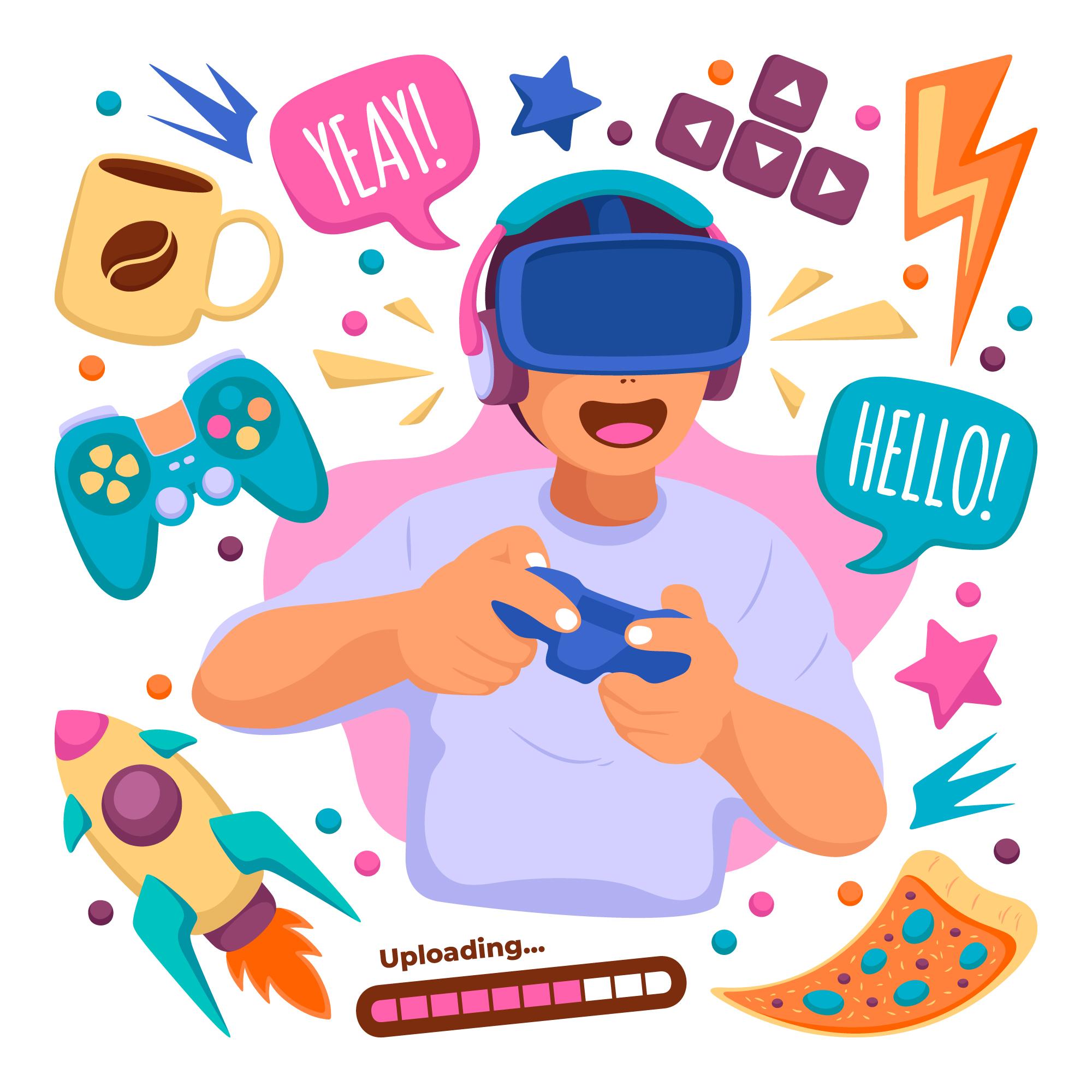 Illustrated image of a person holding a video game controller with a VR headset on their face. They are surrounded by images of game controllers, pizza, coffee, and spaceships.