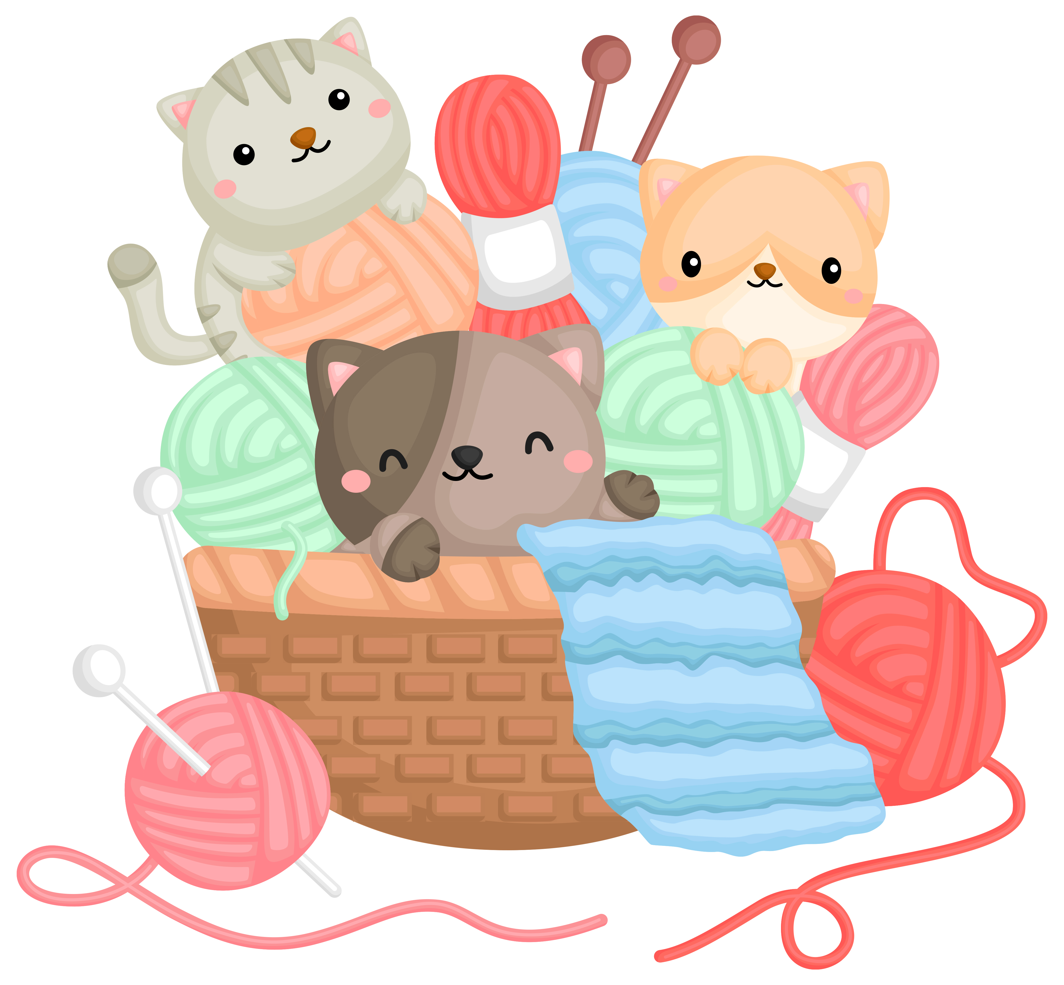 cartoon drawing of kittens and yarn in a basket