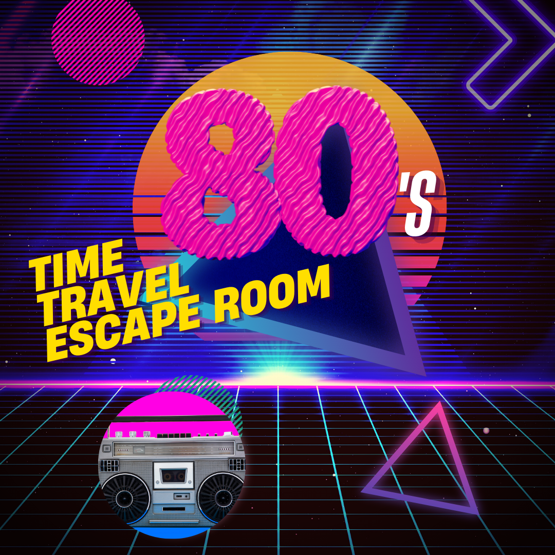 80s Time Travel Escape Room words and a photo of an old stereo