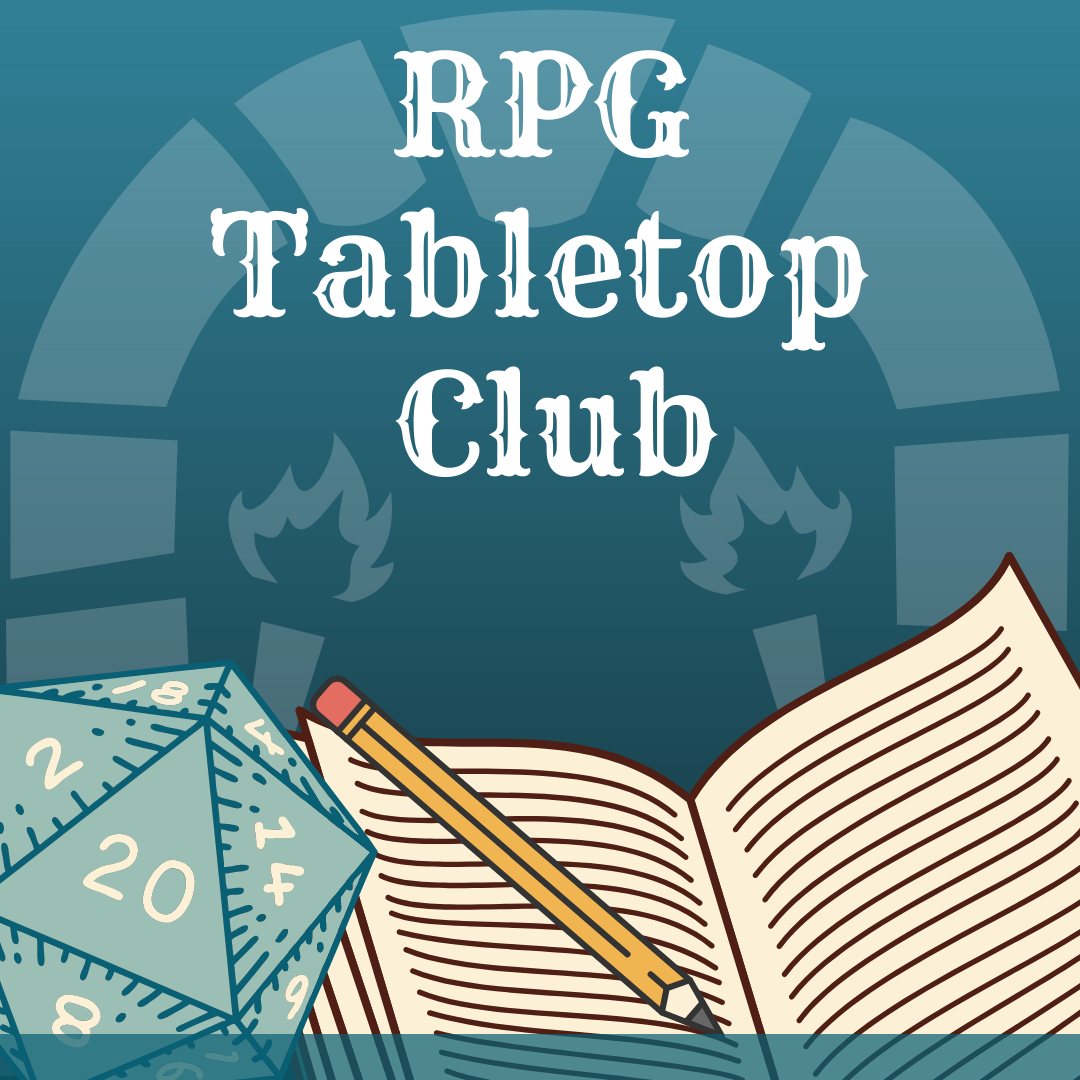 RPG Club with picture of notebook, pencil, and tabletop dice.
