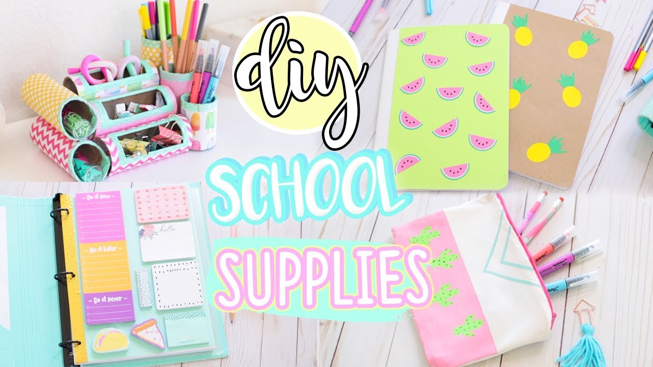 Picture of notebooks, pencils, and pencil cases with an overlay of pastel colored bubble letters that reads diy school supplies.