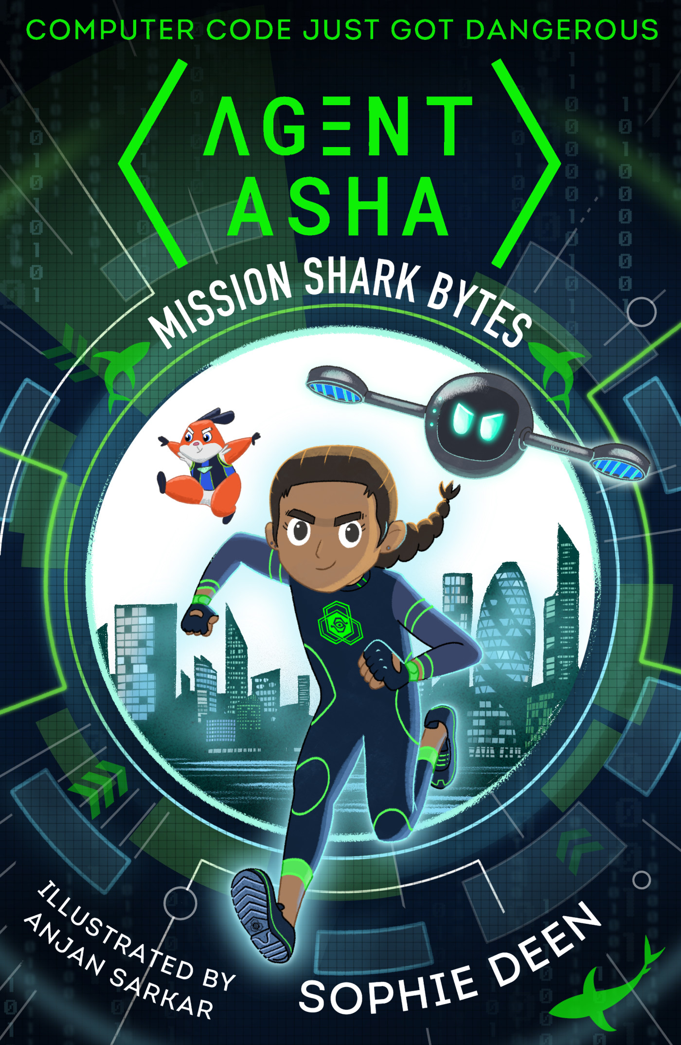 Image of a book cover that depicts a girl, hamster, and robot in green and black outfits. Title reads agent Asha, coding just got dangerous.