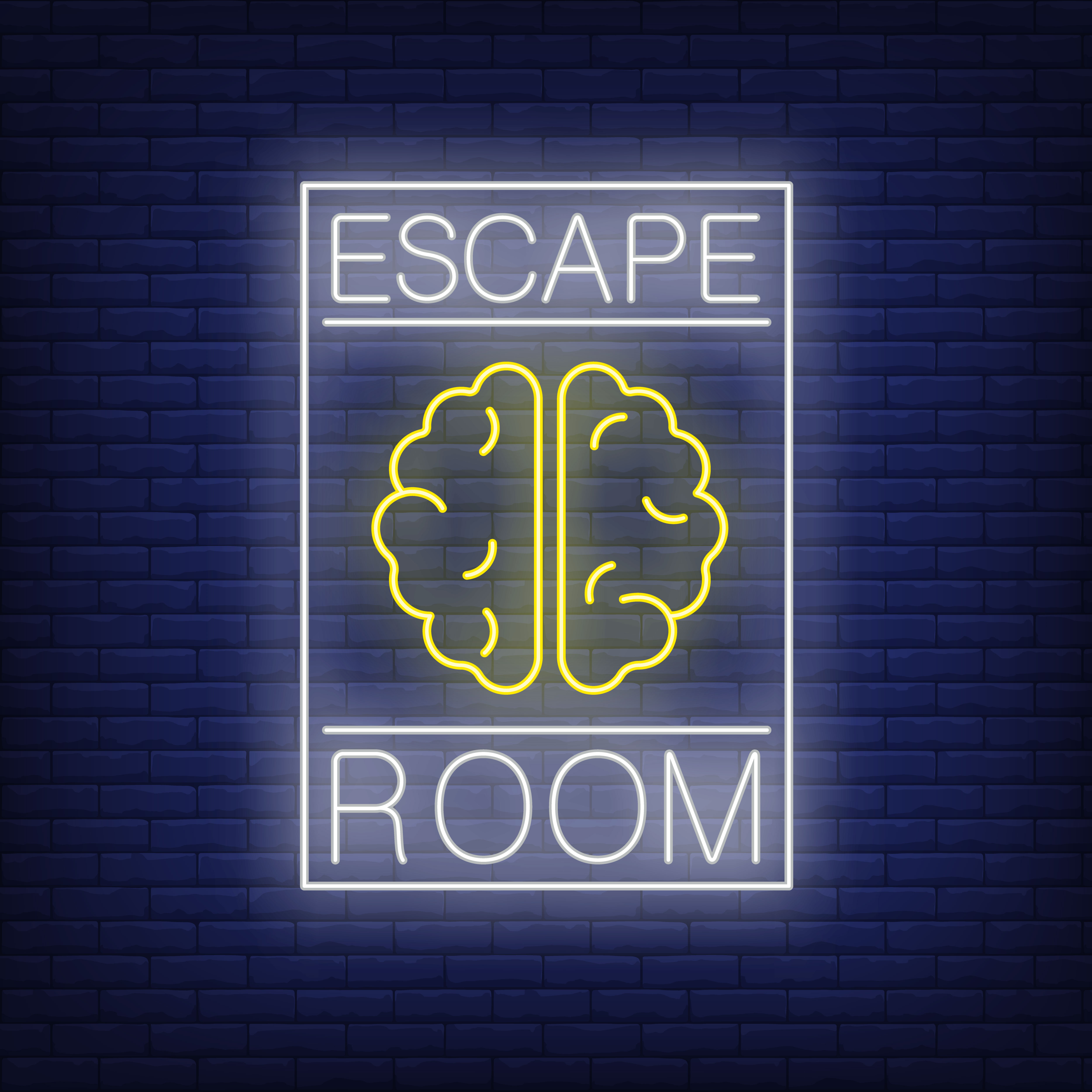 Art of a neon sign that reads escape room surrounding a picture of a brain