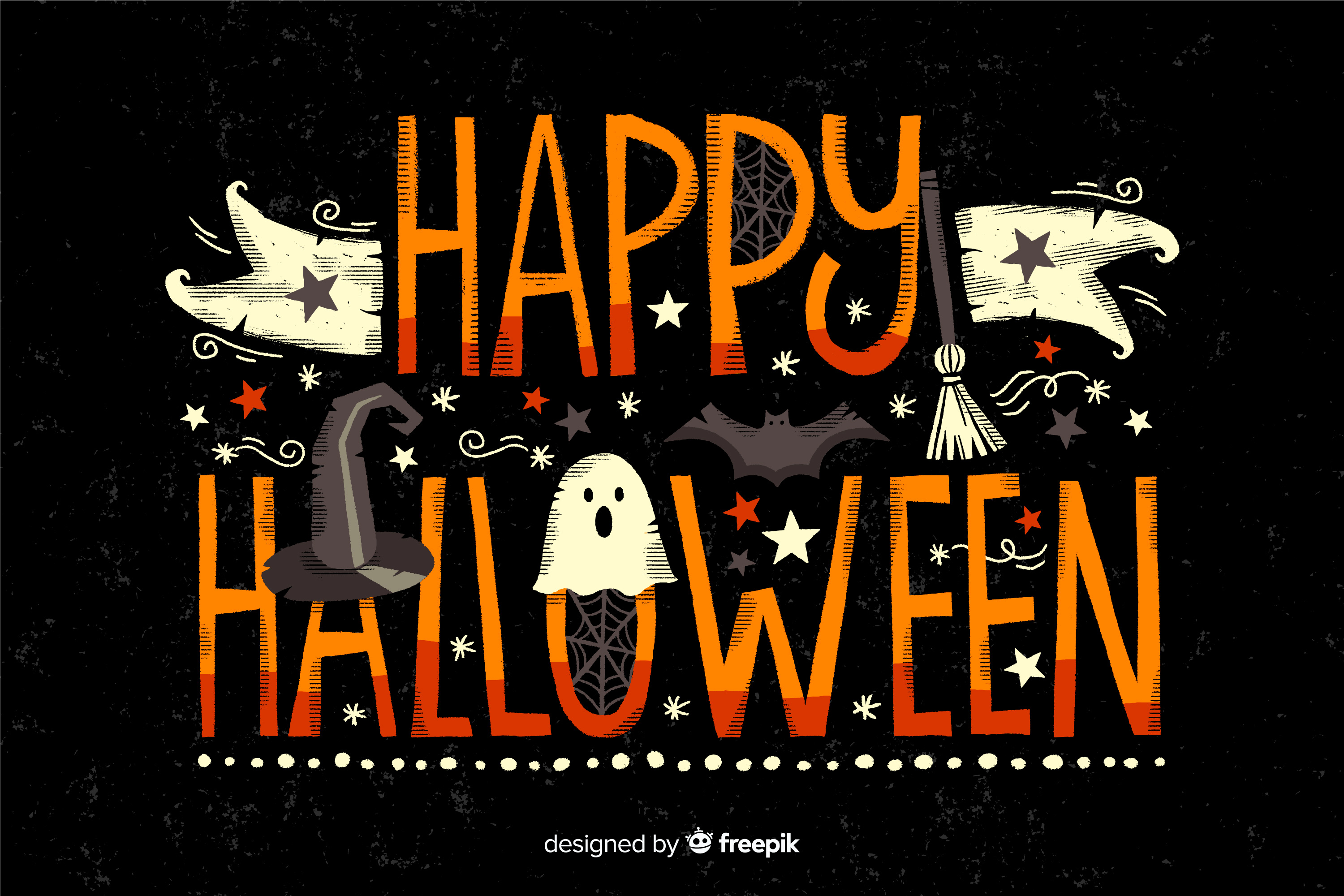 Hand lettering that is thin and orange which reads Happy Halloween, surrounded by ghosts