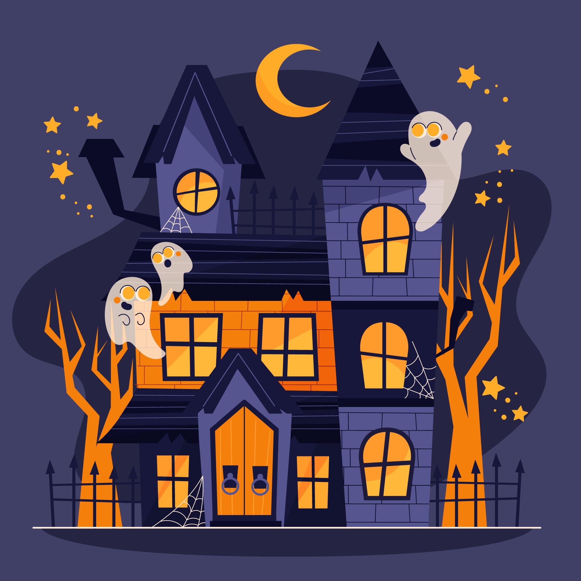 Illustration of a purple and orange 3 story house with ghosts and gnarled trees outside