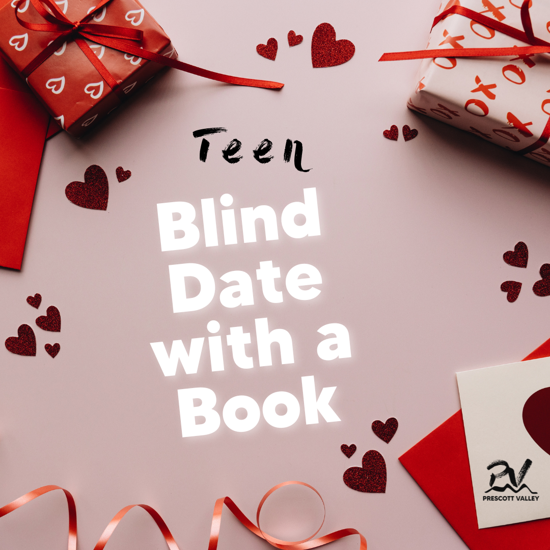 Image of hearts and Valentine's Day wrapping paper with words: Teen Blind Date with a Book