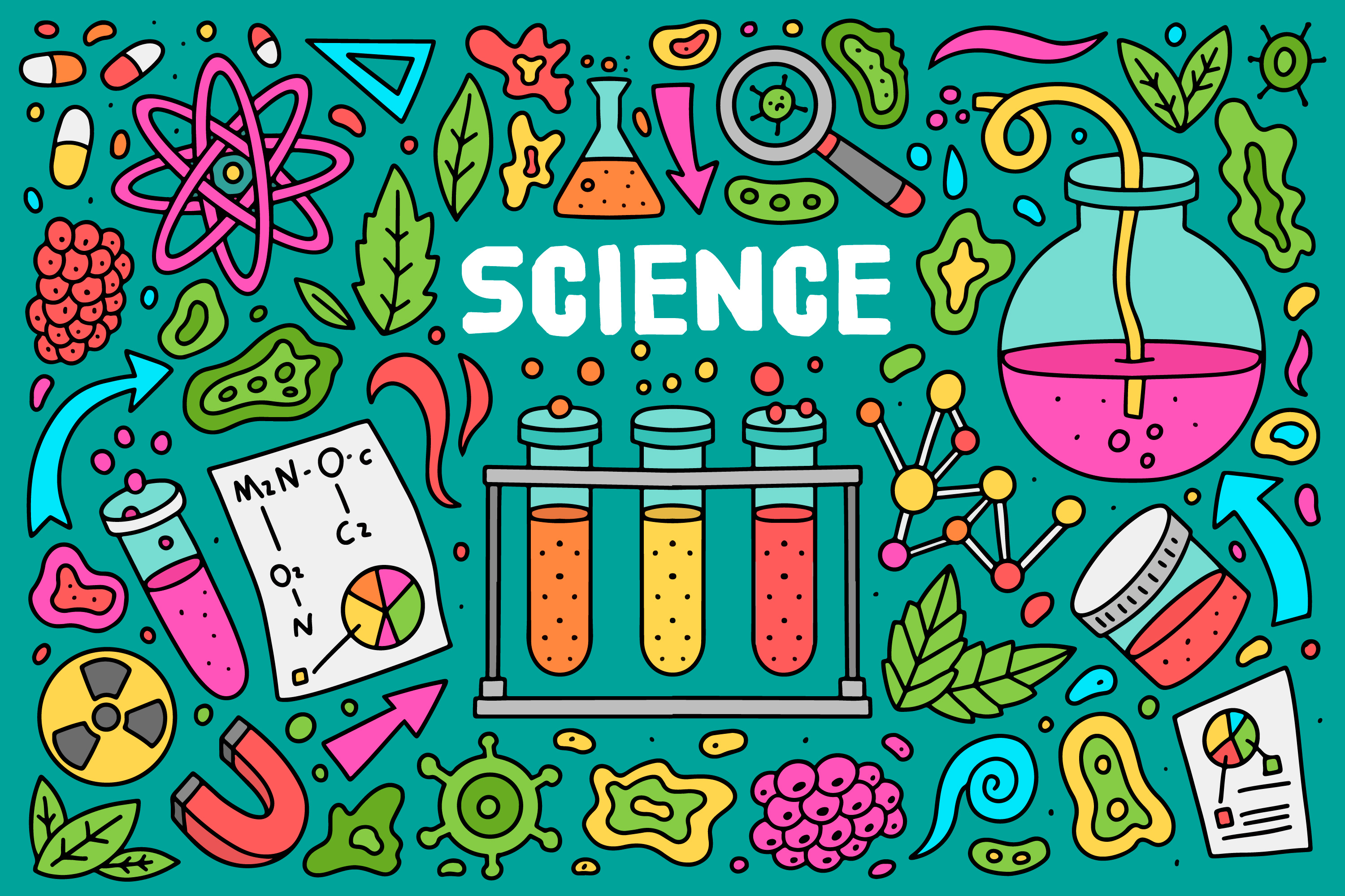 The word science surrounded by colorful hand drawn images of beakers, flasks, and math on a dark green background