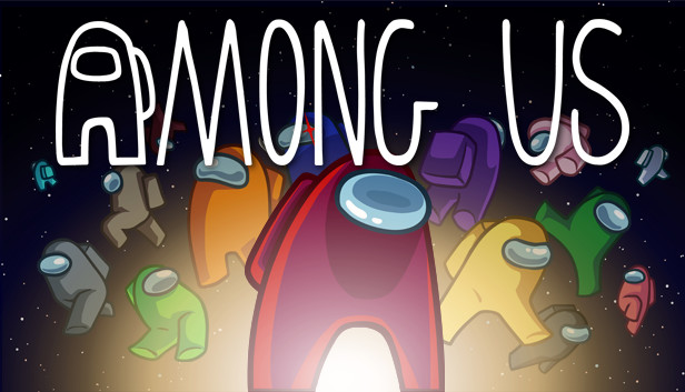 colorful bean shaped characters in front of a black background with the words "among us" written above them