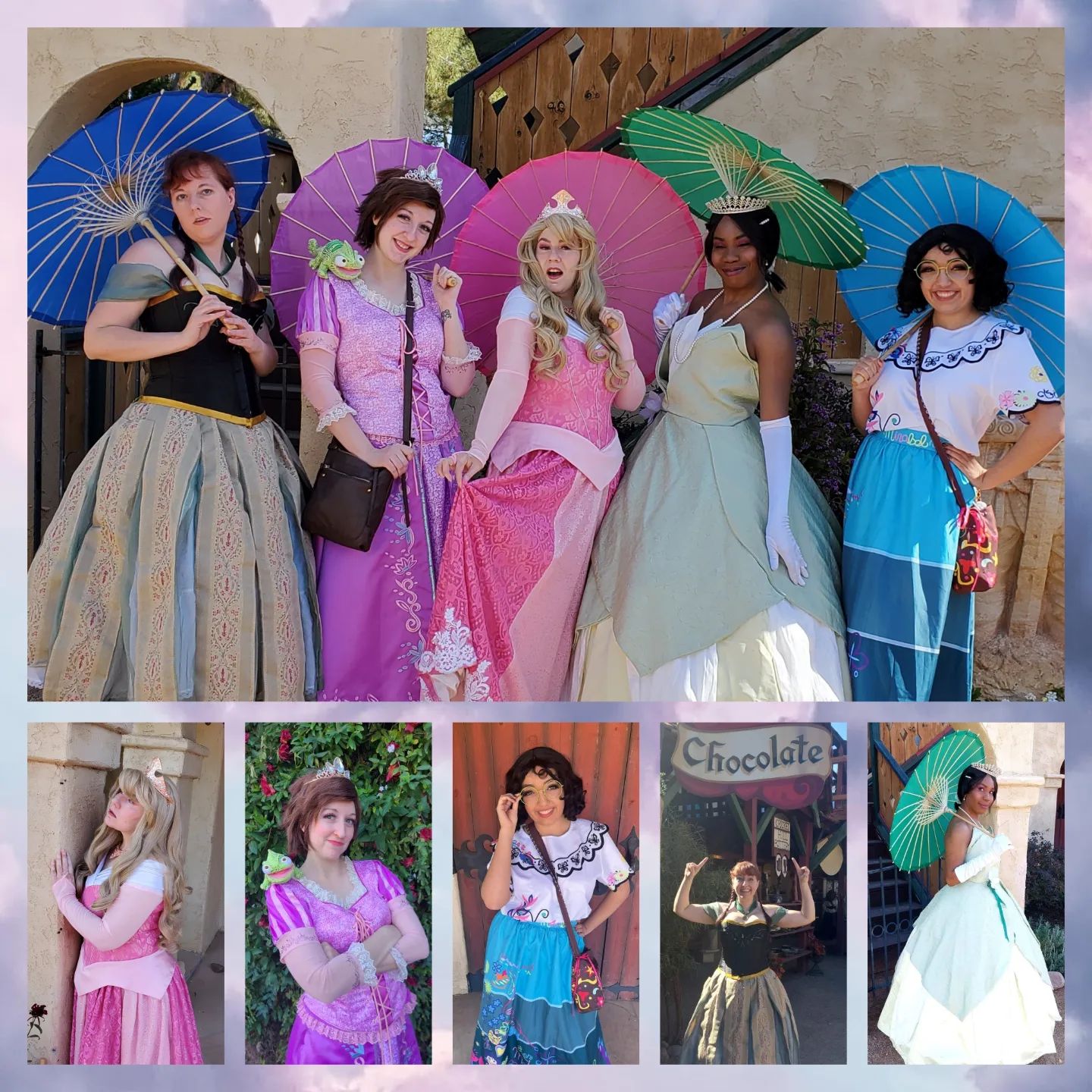 picture of 4 people dresses as Disney princesses with colorful umbrellas