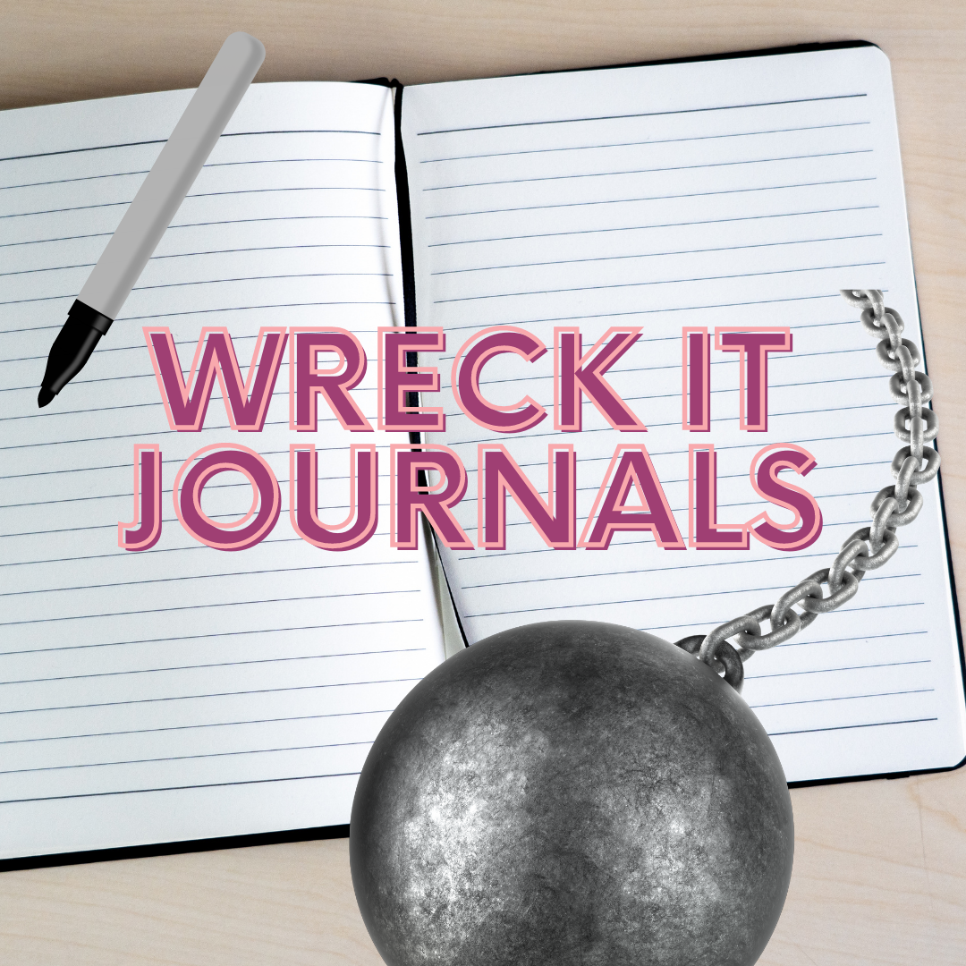 Photo of an empty journal with words: Wreck it Journal. There's also a bomb on top with a black marker.