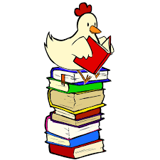cartoon chicken reading a book while sitting on a pile of multicolored books