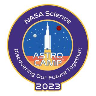 circular dark blue logo with a spaceship in the middle. The outside of the circle reads "NASA Science: Discovering our Future Together 2023"