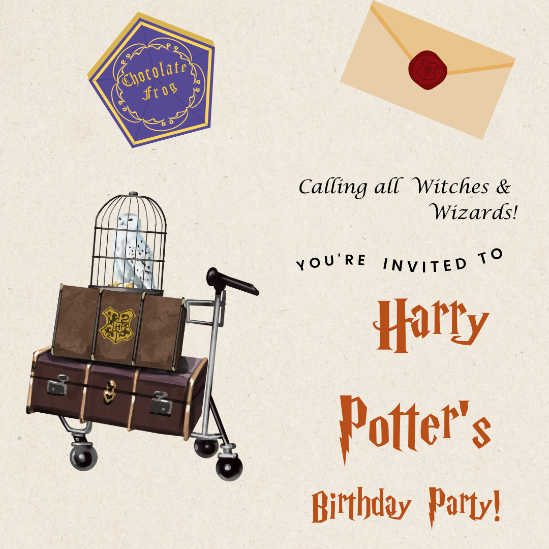 Flyer for Harry Potter birthday party: clip art of Hogwarts suitcase, chocolate frog, and HP invitation.