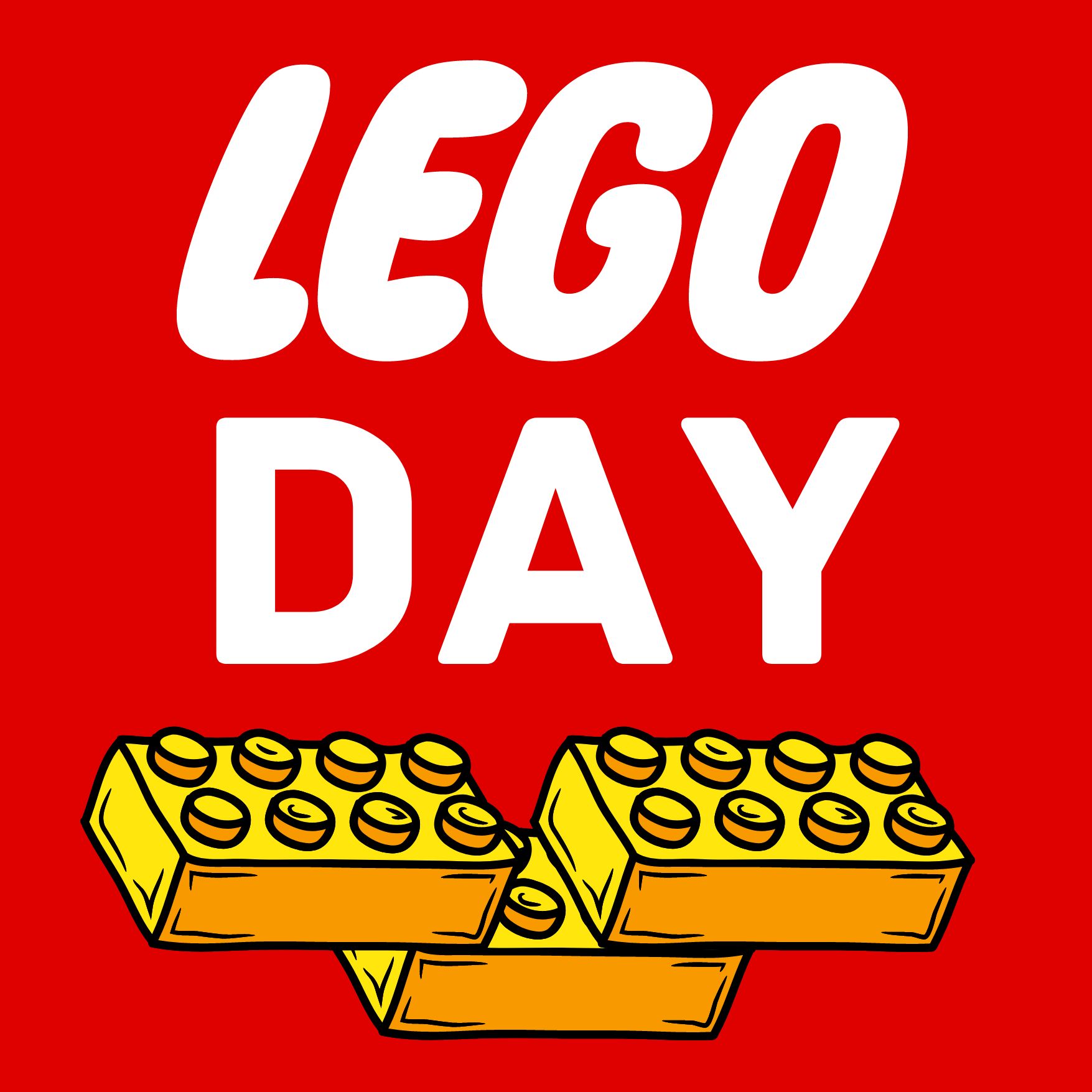 Red background with the words Lego Day and three yellow Lego bricks
