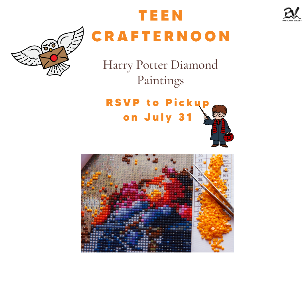 Diamond Painting Poster with clip art of Harry Potter pointing his wand at the words: RSVP. There's also a photo of a part of a diamond painting.