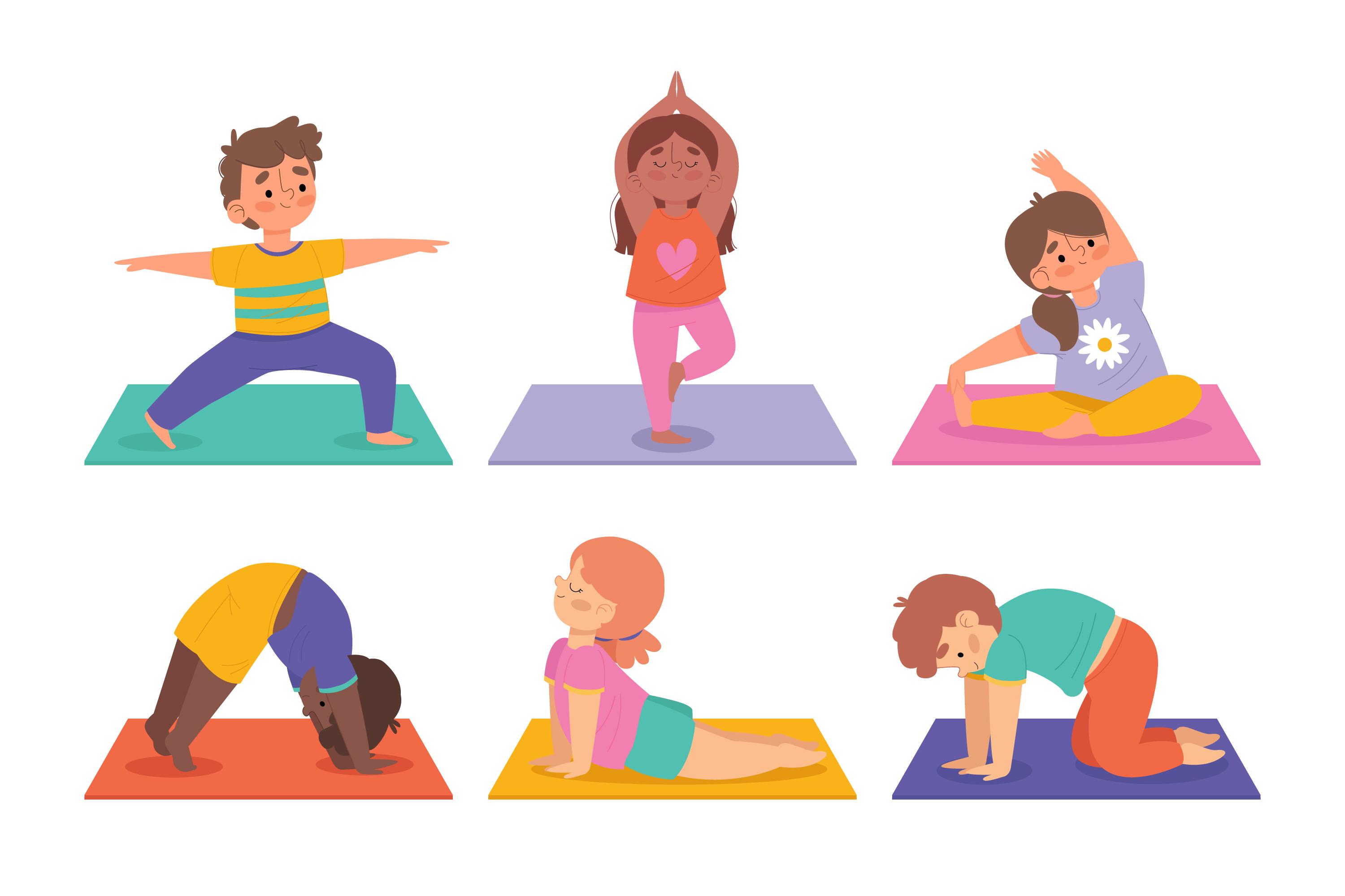 animated drawing of 6 kids doing a variety of yoga poses