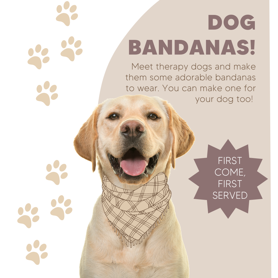 Picture of a dog wearing a bandana with the words "Dog Bandanas"