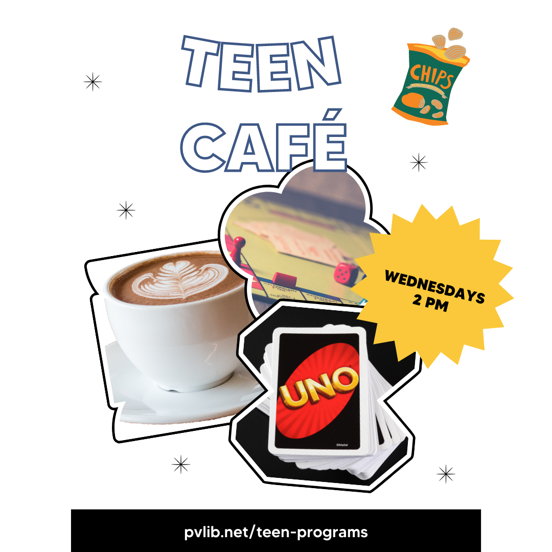 Teen Cafe poster with those words and images of coffee, a board game, and UNO.