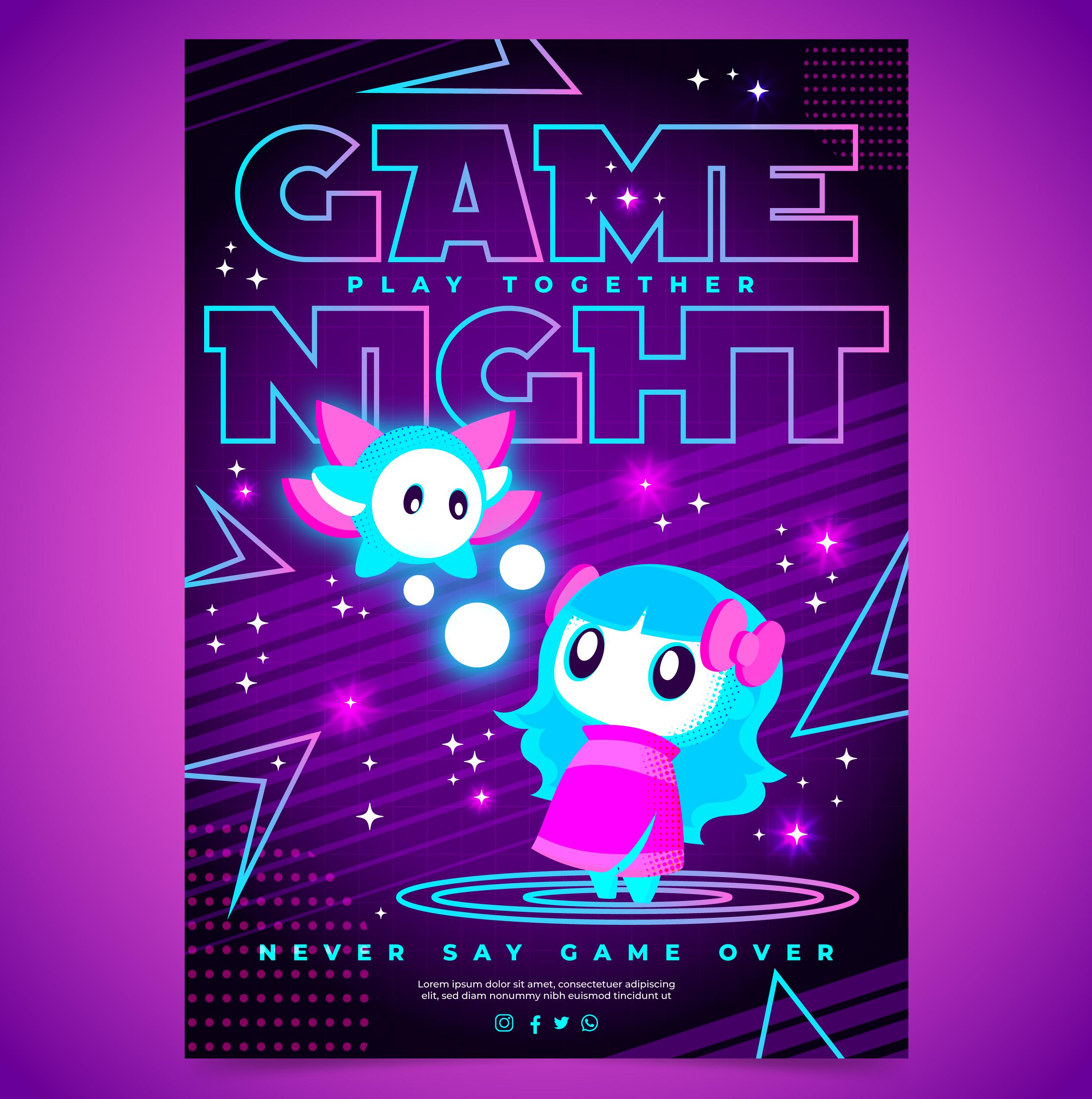 Bright neon poster  with a female avater character and glowing fairy that reads "Game Night"