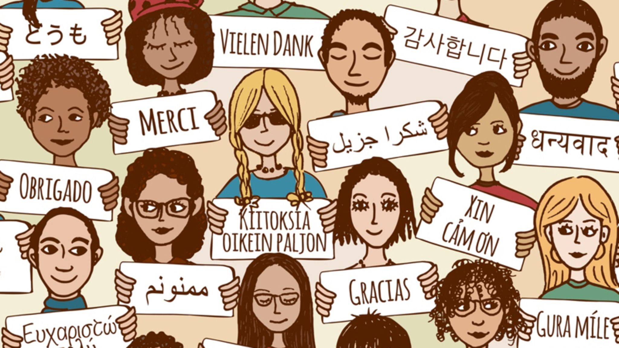 different cartoon faces holding signs in different languages