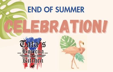 Light pink background with palm leaf and flamingo; logo for Tata's Boricua Kitchen; words "End of Summer Celebration"