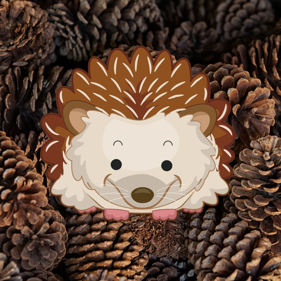 Clip art of hedgehog in a backdrop of pinecones.