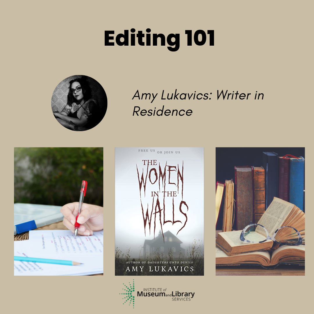 Photo of Amy Lukavics with book cover Women in the Walls with image of editing a manuscript and some books.