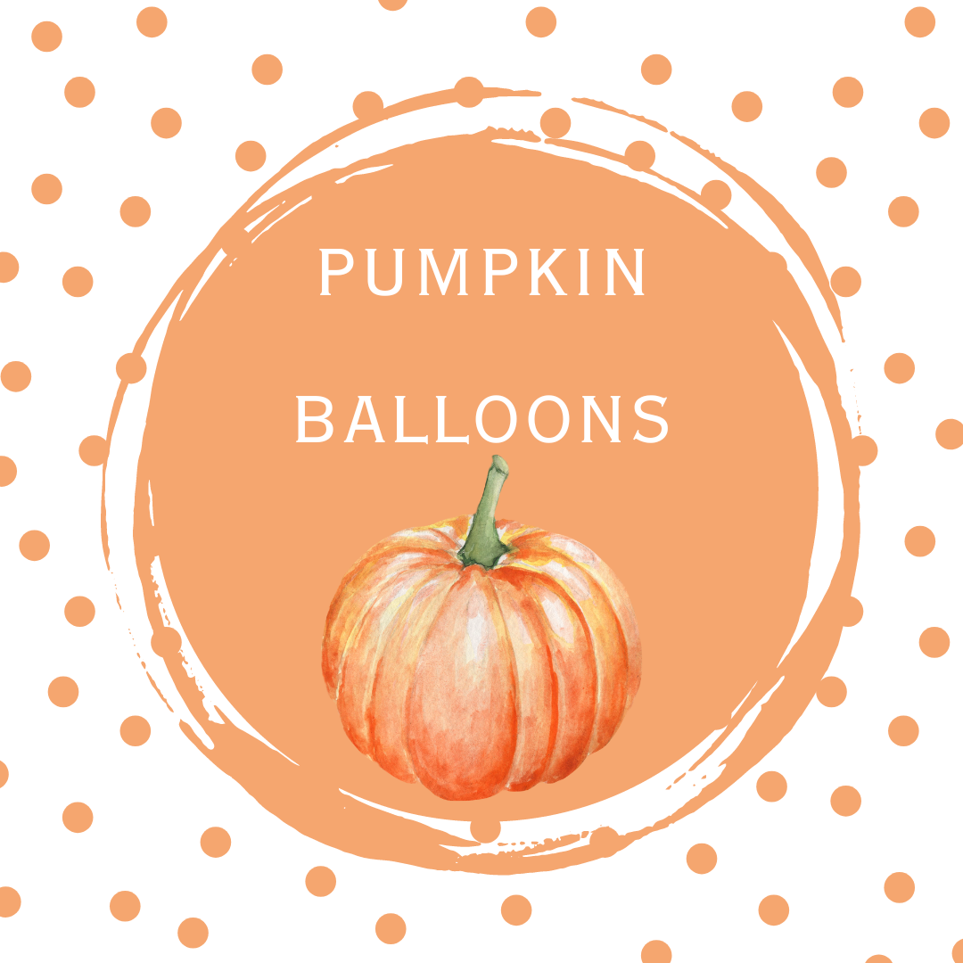 Pumpkin clip art on background of polka dots with words pumpkin balloons.