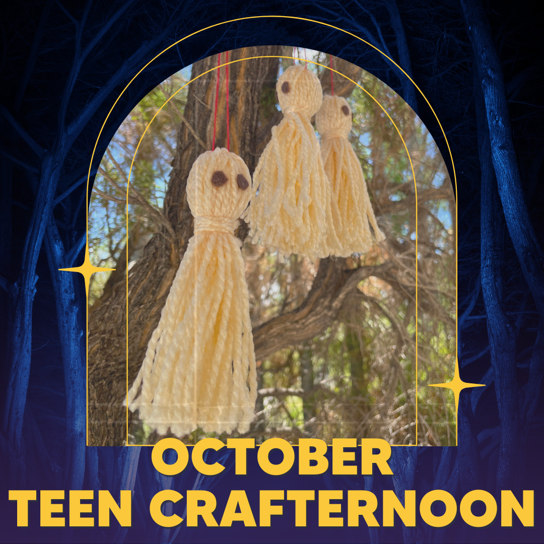 Photo of craft ghost tassels with words: October Teen Crafternoon