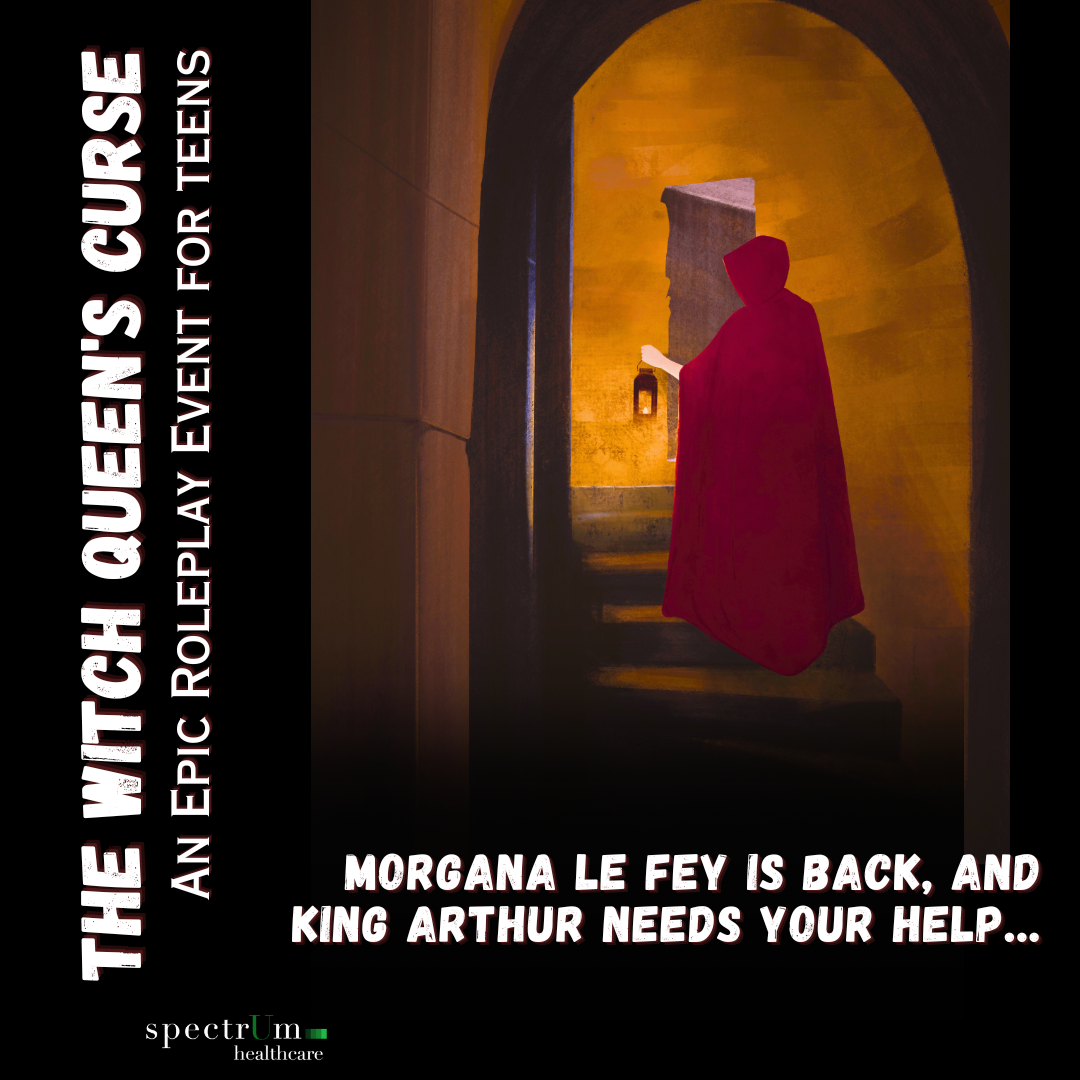 Morgana walking up the castle stairs in a red cloak with words: "The Witch Queen's Curse" on the poster.