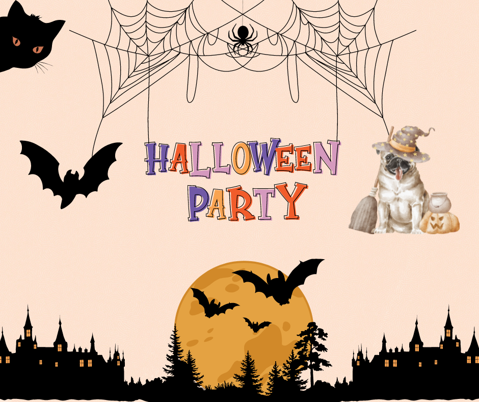 Says Halloween Party with clip art of a dog dressed up in costume, a black cat, spider web, and bats.