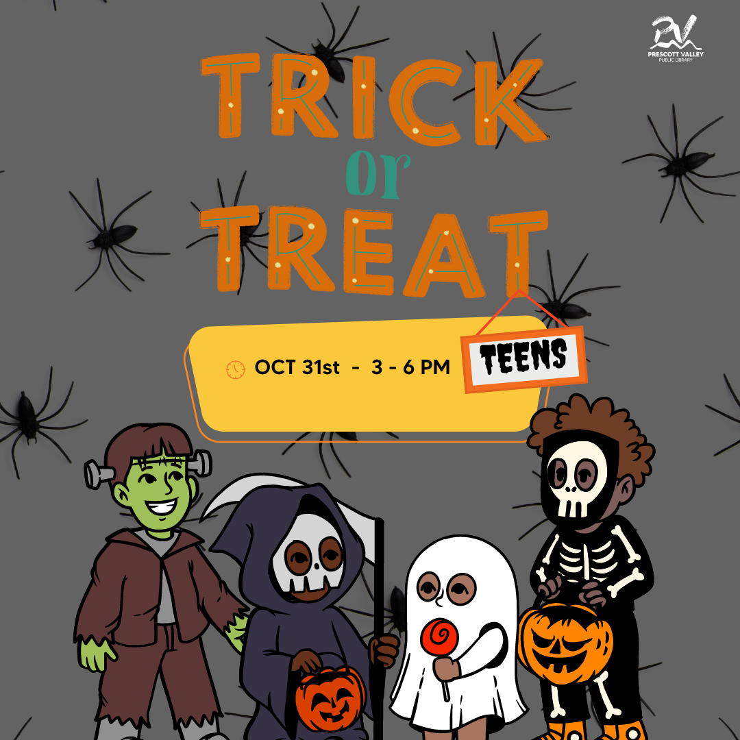 Says Trick or Treat with clip art of trick or treaters in costumes.